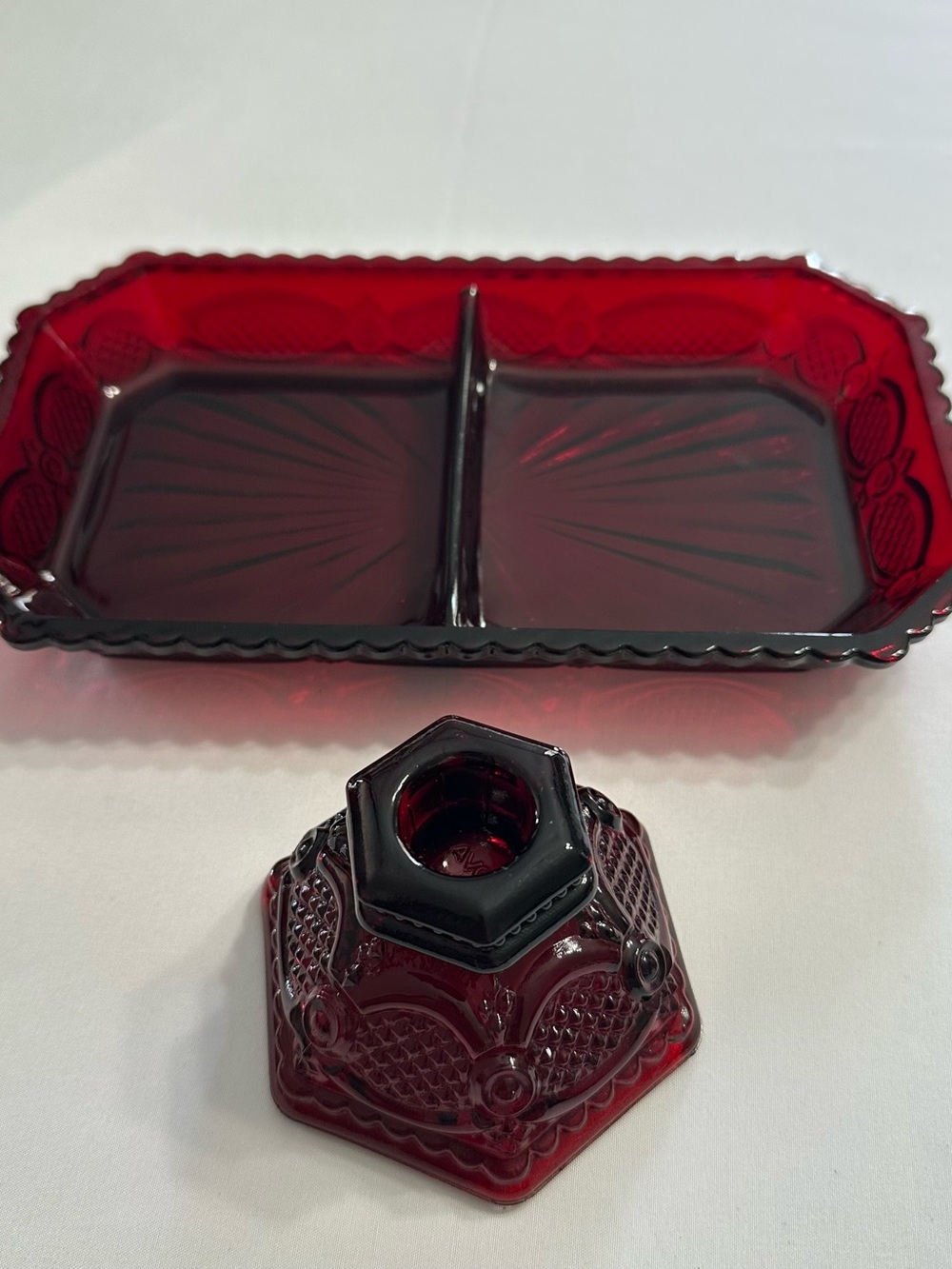 Avon
Ruby Red Divided
Relish Two Section 
and 1 candle holder